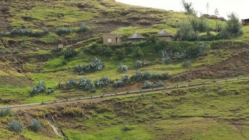 Small huts or tents in South Afirca landscape, aerial view
