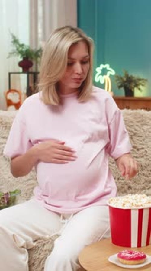 Pregnant Woman Craving Pizza Chocolate Fruit Vegetables Chips Popcorn with Strong Pregnancy Hunger