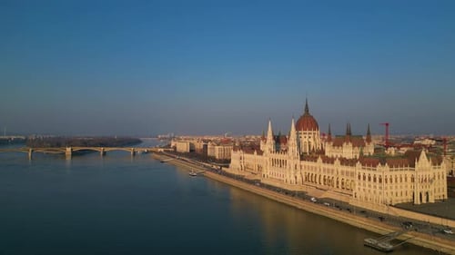 Hungarian Parliament Building aerial drone view with Danube river in Budapest