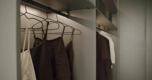 Modern Closet Interior with Hanging Clothes, Gray Theme