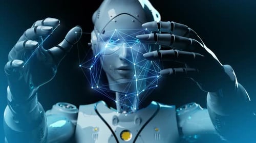 Androyds Roboter ahmt den digitalen Computerhintergrund des Cyberspace nach.