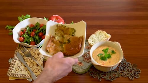 Healthy mediterranean cuisine, three dishes concept for lunch or dinner. Side view closeup of placin