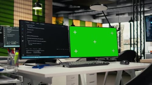 PC con pantalla verde en una oficina de inicio vacía con script de lenguaje de programación