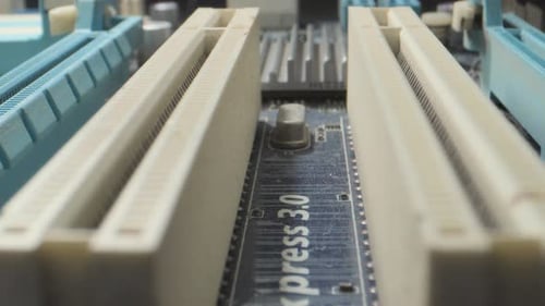 pc motherboard ram module slots closeup