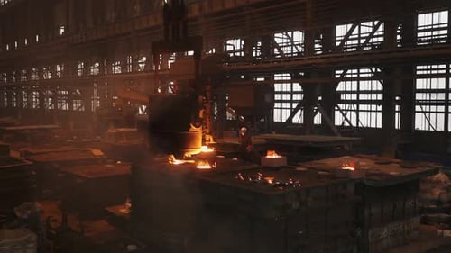 Molten Metal Pouring Into Mold in Steel Mill Stock Clip