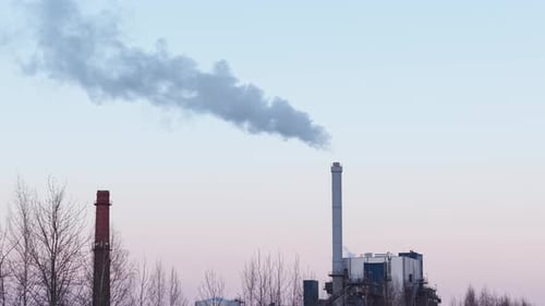 Factory Chimney Releasing Dense Smoke, Industrial Pollution Concern
