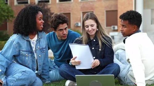 Vielfältige Gruppe von Studenten, die gemeinsam auf dem Campus Lawn studieren