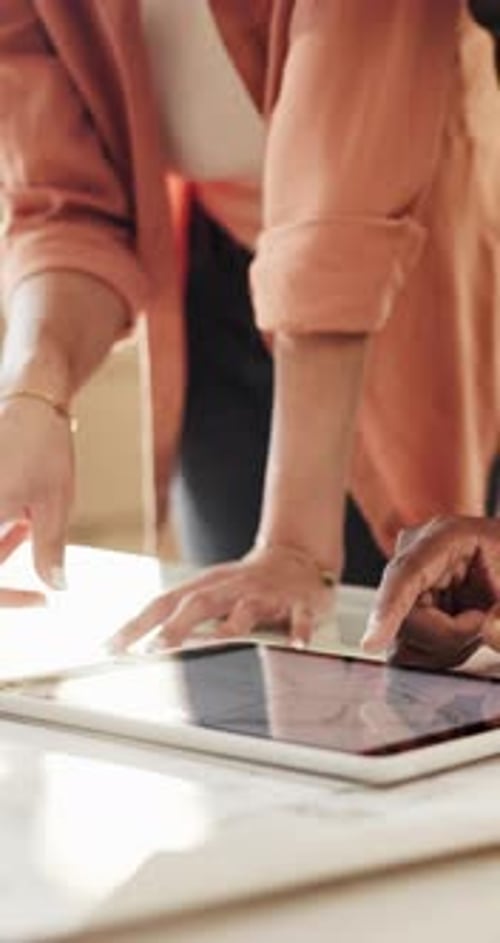 Hands, tablet screen and couple with floorplan for renovation, home construction or interior design