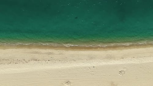 Aerial Above Shot of Empty Sandy Beach and Ocean with Waves