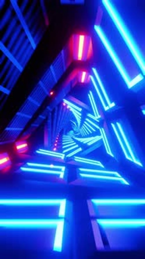 Flying through a neon tunnel made of triangles. Looped animation