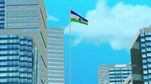 Lesotho Flag 3D Render Animation with Urban Architecture and Clear Blue Sky