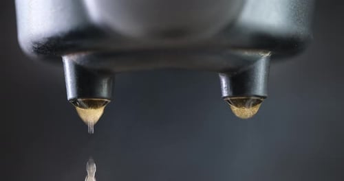 Making Espresso Flowing Fresh Ground Coffee Stream From Professional Machine Close Up