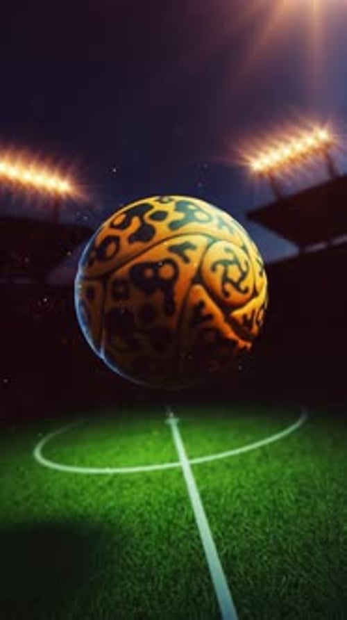 Yellow ornate soccer ball rotating in stadium.
