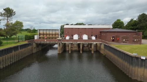 Aerial Drone View of West Stockwith Hydroelectric Pumping Station on River Trent in England