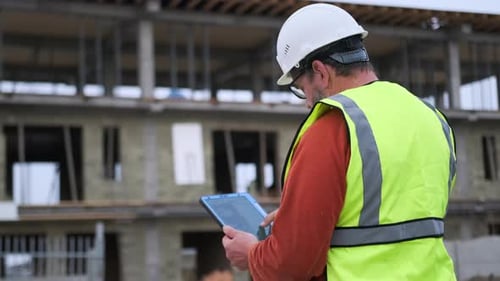 Mature architect engineer with a digital tablet edits a construction project