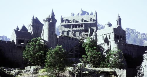 Majestätisches mittelalterliches Schloss auf einem Hügel, umgeben von Bäumen