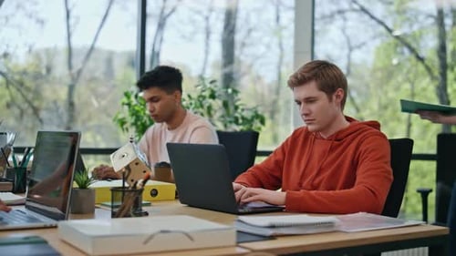 Young Adults Working on Laptops in Modern Office