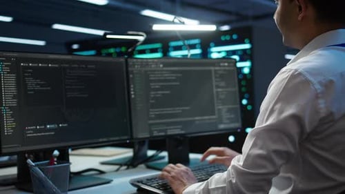Programmer Typing Code on Dual Monitors in Office
