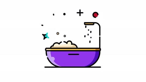 Animated Flat Design Bathtub Icon with Shower and Bubbles