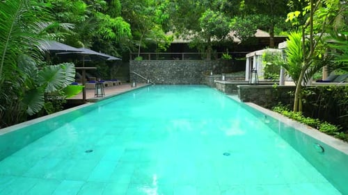 Aerial view towards a pool at a luxury resort in Prince island,São Tomé,Africa