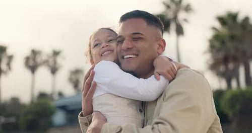 Happy, excited child and hug with dad outdoor with love, care and support from bonding in park