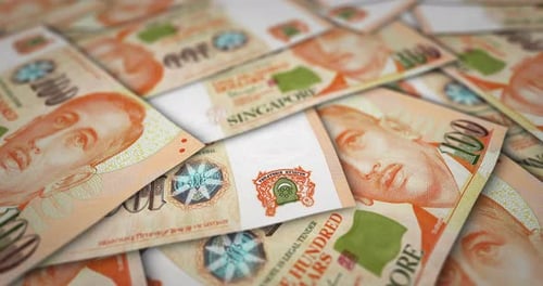 Singapore Dollar 100 banknote flying over money surface