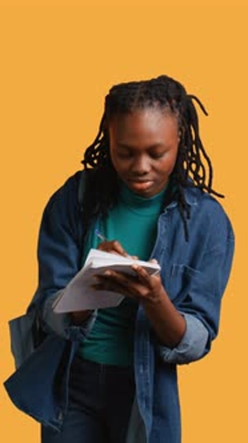 Vertical Video Girl with Bad Eyesight Squinting Eyes Trying to Read Studio Background