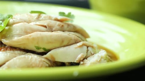 Singapore Chicken Meat and Rice on a Plate