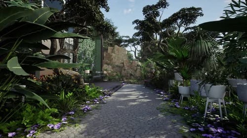Winding Pebble Pathway through a Lush Botanical Garden Leading