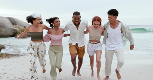 Group, running and friends with vacation, beach and smile with weekend break