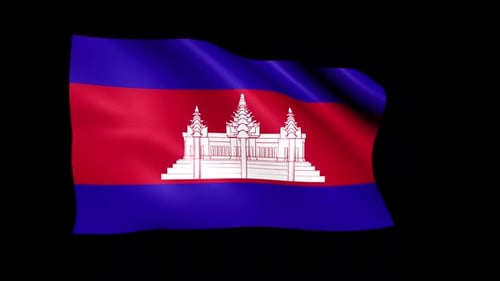 Waving Flag of Cambodia with Angkor Wat Silhouette Animation