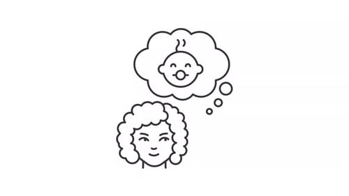 Mujer animada que sueña con el icono de la línea del bebé