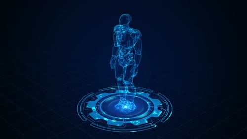 Futuristic Holographic Wireframe Humanoid Robot Rotating Display