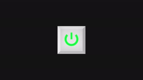 Animación al presionar el botón de encendido con un anillo brillante y un símbolo de poder sobre fondo transparente.