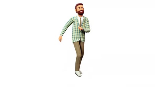 A jovial 3D animated character with a beard is depicted ambling with a smile