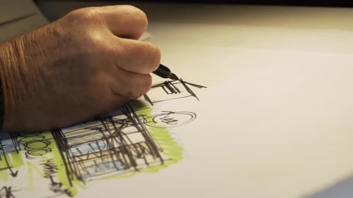 Architect Engineer Sketching Blueprint with Marker on Paper in Studio Office - Tilt Down (4K UHD)