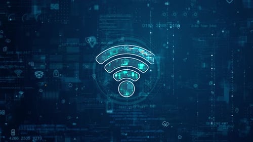 Blue digital WIFI logo and futuristic circle HUD with big data processed on grid line background