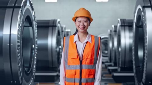 Asian Female Engineer Smiling To Camera In Metal Factory