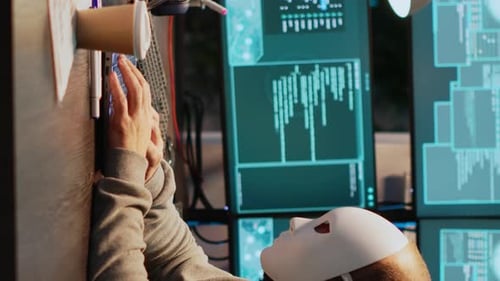 Vidéo verticale : un voleur informatique masqué piratant un système informatique tard dans la nuit