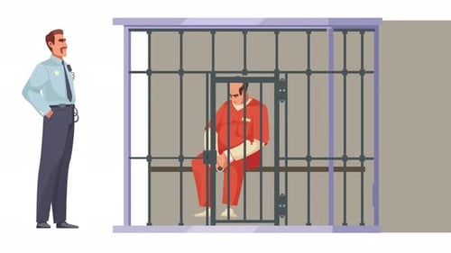 Animated Prison Cell Scene with Prisoner and Guard