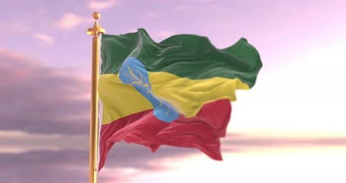Realistic Ethiopian Flag Waving on a Golden Pole