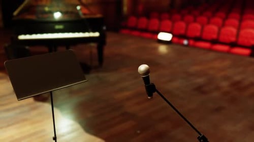 Old Opera House Stage with Grand Piano and Microphone in an Empty Auditorium