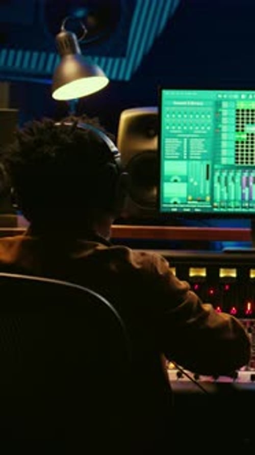 Vertical Video Audio Designer Leveling Sound on a Mixer Control Desk