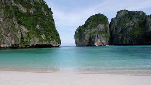 View of Limestone Cliffs and Tropical Beach at the Lagoon of Maya Bay Koh Phi Phi Thailand