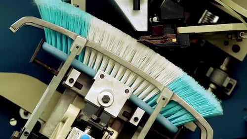 Broom Tufting Machine, Automatic CNC Broom Making Machine in A Factory. 4K.