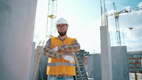 Retrato de un joven trabajador profesional, sonriente, seguro de sí mismo, en uniforme con casco y anteojos