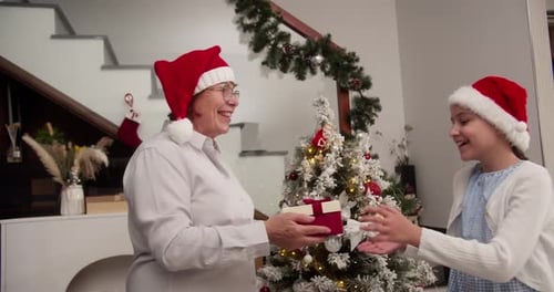 Grandmother Giving Christmas Gift to Smiling Child