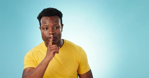 Secret, finger to lips and black man with privacy, confidential information