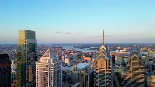 Flying Through Philadelphia, Sunset Aerial Panorama