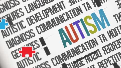 Animation of red, green and blue autism awareness puzzles falling over autism text